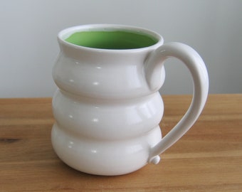 Large Coffee Mug in Pear Green and White 16 oz. Stoneware Pottery Beehive Cup, Gifts for Him, Hand Thrown Modern Ceramics