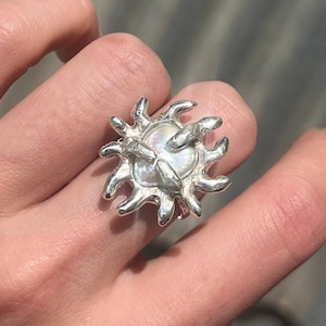 Heart Pearl Sterling Silver Ring: Chunky Molten Handmade Jewelry