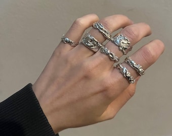 Unique Custom Chunky Sterling Silver Ring, Raw Textured Organic Brutalist Jewelry, Nature Inspired Molten Metal Ring, Wabi-Sabi Style