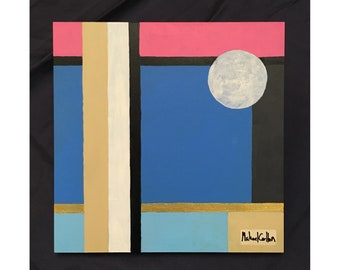 Original Acrylic on Wood Painting - "Pink Sky with the Moon" by Michael Carlton (20cm x 20cm)