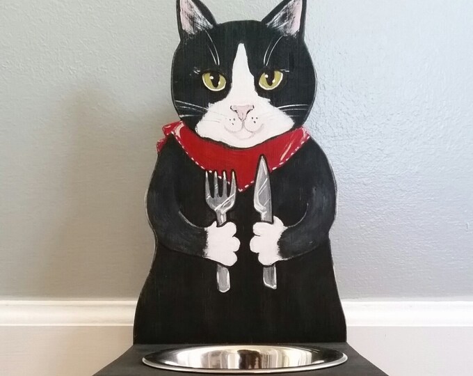 Cat Food Bowl Holder tuxedo Cat functional Hand Made Wood Etsy