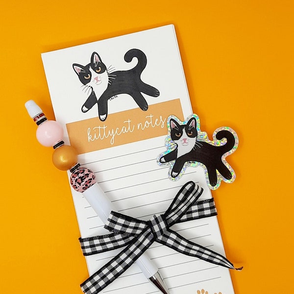 Cat Gift Set, Tuxedo Cat Pen and Paper Set, Cat Notepad, Cat Sticker, Beaded Pen