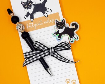 Cat Gift Set, Tuxedo Cat Pen and Paper Set, Cat Notepad, Cat Sticker, Beaded Pen