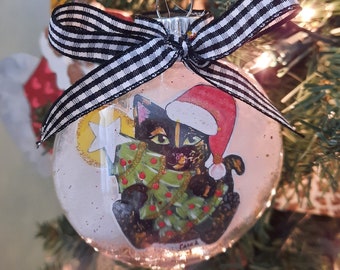 Tortoiseshell Cat Holding a Christmas Tree Ornament, Cat Christmas Ornament, Personalized Gift for Cat Lover