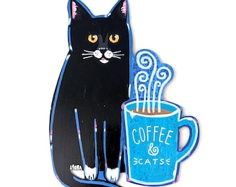Tuxedo Cat Coffee Art, Hand Painted Metal Wall Decor