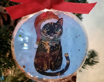 Tortie Cat Ornament with a Santa Hat, Cat Christmas Ornament, Tortoiseshell Cat, Personalized Gift for Cat Lover