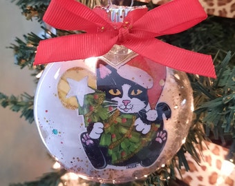 Tuxedo Cat Ornament, Cat Christmas Ornament, Personalized Gift for Cat Lover, Holding Christmas Tree