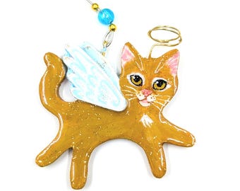 Orange Cat Angel Ornament: Hand-Painted Polymer Clay Memorial Ornament