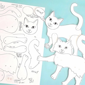 Cat Paper Doll Printable, You Color and Cut, Articulated Paper Doll Pattern, 2 Cats Longhair and Shorthair, Instant DIY Download