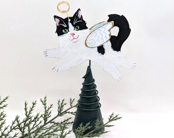 Tuxedo Cat Angel Tree Topper, Cat Figurine, Longhair Black and White