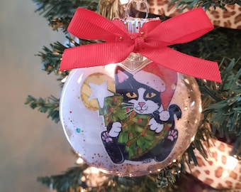 Tuxedo Cat holding a Christmas Tree Ornament, Cat Christmas Ornament, Personalized Gift for Cat Lover