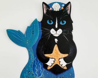Tuxedo Cat Purrmaid Wall Art, Beach Decor, Mermaid Lover Gift