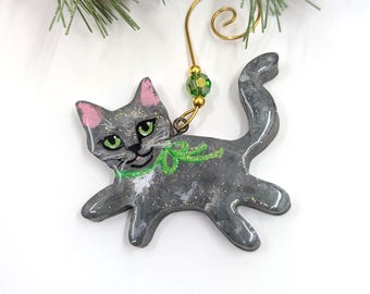 Green Bow Gray Kitty Cat Ornament: Handmade Polymer Clay