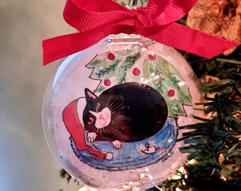 Tuxedo Cat Ornament, Waiting for Santa, Cat Christmas Ornament, Personalized Gift for Cat Lover