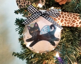 Black Cat Memorial Ornament, Personalized Cat Christmas Ornament, Black Cat Angel, Gift for Cat Lover