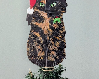 Tortoiseshell Cat Christmas Tree Topper: Hand-Painted Metal Figurine