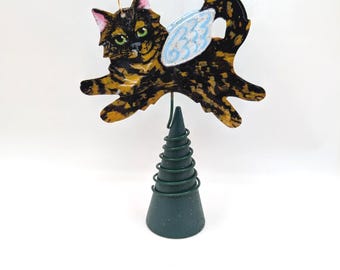 Hand-Painted Tortoiseshell Cat Angel Tree Topper, Metal Figurine (4"x3")