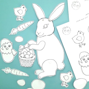 Bunny Rabbit Paper Doll Printable, You Cut and Color, Articulated Paper Doll Pattern, Easter Bunny, Instant DIY Download