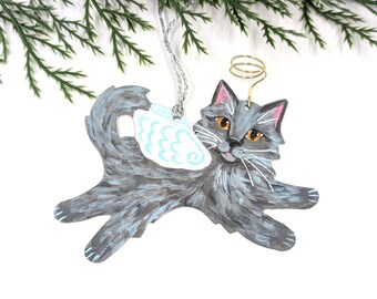 Hand Painted Gray Cat Ornament, Angel Wings, Personalized Pet Memorial