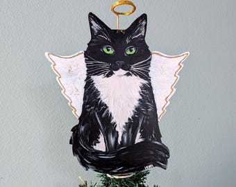 Cat Christmas Tree Topper: Tuxedo Cat Angel, Hand-Painted Pet Memorial