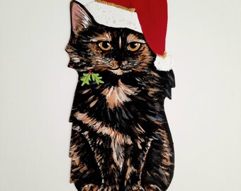 Tortoiseshell Santa Cat Wall Art, Cat Christmas Wall Decor, Personalized Cat Art