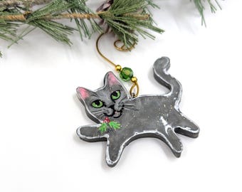 Happy Gray Cat Ornament: Handmade Polymer Clay