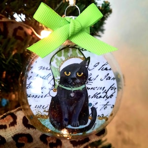 Personalized Black Cat Christmas Ornament: Leopard Print Hat, Love Letter Art