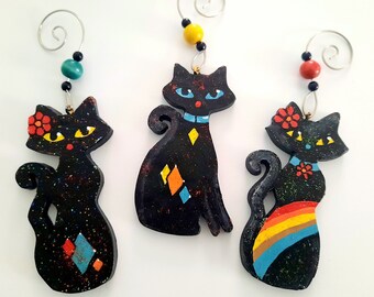 Mid Century Black Cat Ornaments, Personalized Cat, Cat Christmas Ornament