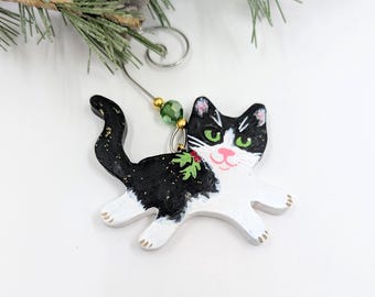 Tuxedo Kitten: Handmade Cat Ornament, Black and White, Polymer Clay Art