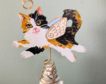 Pretty Calico Cat Angel Tree Topper, Cat Figurine, Longhair