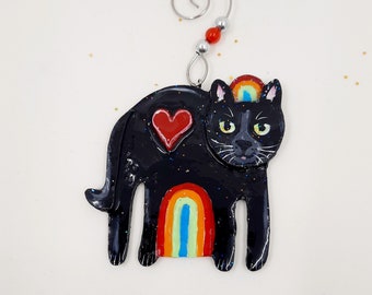 Black Cat Rainbow Ornament, Handmade Cat Ornament, Personalized Cat Ornament