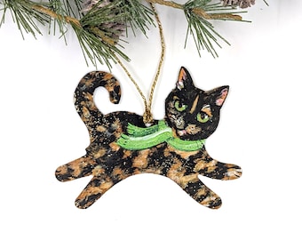 Hand Painted Tortoiseshell Cat Ornament: Personalized Pet Keepsake, Tortie in a Scarf