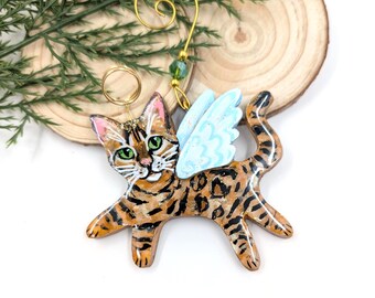 Bengal Cat Angel Ornament: Hand-Painted Polymer Clay Memorial Ornament
