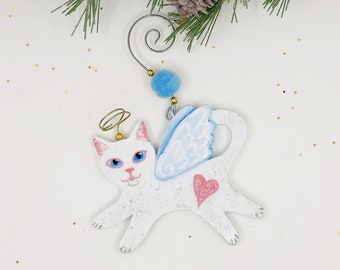 White Cat Angel Ornament, Handmade Cat Ornament, Cat Memorial Gift