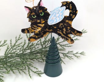 Tortoiseshell Cat Angel Tree Topper Figurine, Hand Painted