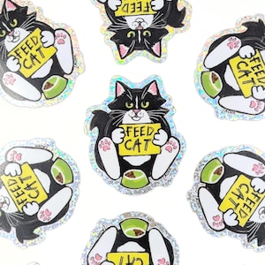 Tuxedo Cat Stickers, Glitter Stickers, Cat Lover Gift, Feed Me