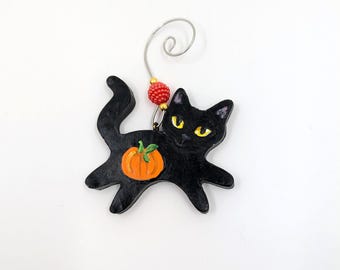 Pumpkin Kitty, Hand Painted Black Cat Ornament: Halloween Decor