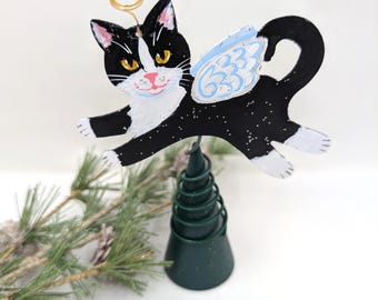 Tuxedo Cat Angel Christmas Tree Topper Figurine