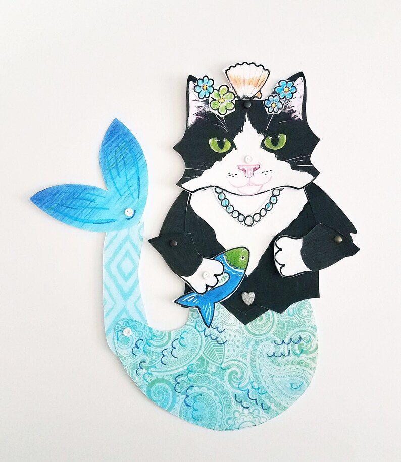 Purrmaid Tuxedo Cat Paper Doll, Articulated Paper Doll, Physical Mailed Version image 1
