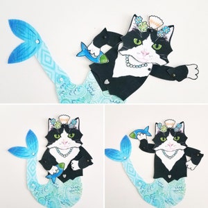 Purrmaid Tuxedo Cat Paper Doll, Muñeca de papel articulada, Versión física por correo imagen 6