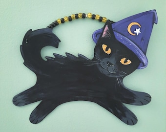 Black Cat Witch Wall Art: Hand-Painted Halloween Decor