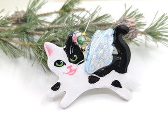 Moo Moo Kitty Cat Angel Ornament: Handmade Polymer Clay Memorial