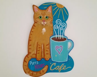 Coffee Wall Art, Cat Wall Art, Coffee Bar Sign, Hand Painted Cat Art, Cafe Art, Orange Tabby Cat