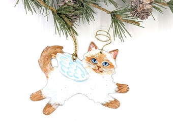 Hand Painted Himalayan Cat Ornament: Personalized Cat Angel, Tan