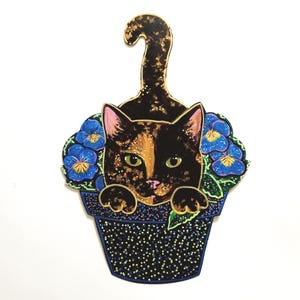 Hand Painted Tortoiseshell Cat Wall Art: Pansy Flower Pot