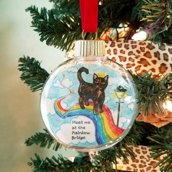 Tortoiseshell Cat Rainbow Bridge Ornament, Cat Memorial Ornament, Personalized Gift for Cat Lover