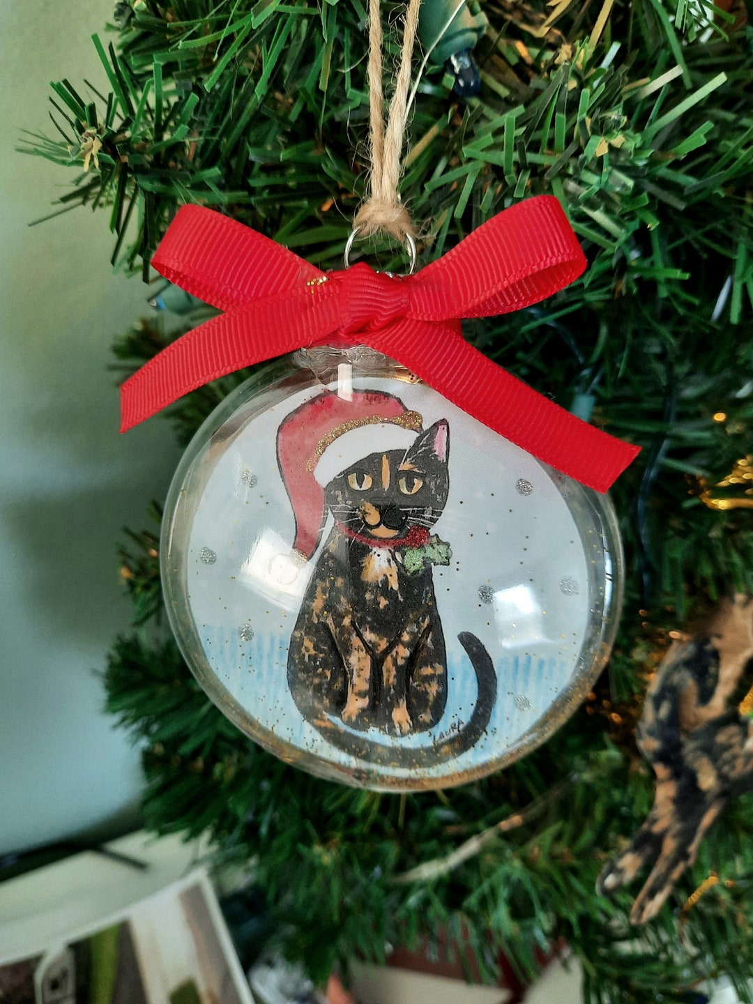 Tortoiseshell Cat Ornament With a Santa Hat Cat Christmas Etsy