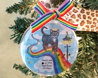 Tabby Cat Rainbow Bridge Ornament, Cat Memorial Ornament, Personalized Gift for Cat Lover
