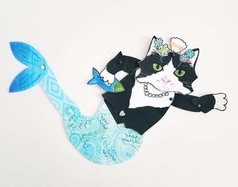 Purrmaid Tuxedo Cat Paper Doll, Muñeca de papel articulada, Versión física por correo imagen 8