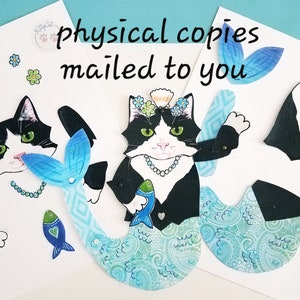 Purrmaid Tuxedo Cat Paper Doll, Muñeca de papel articulada, Versión física por correo imagen 3